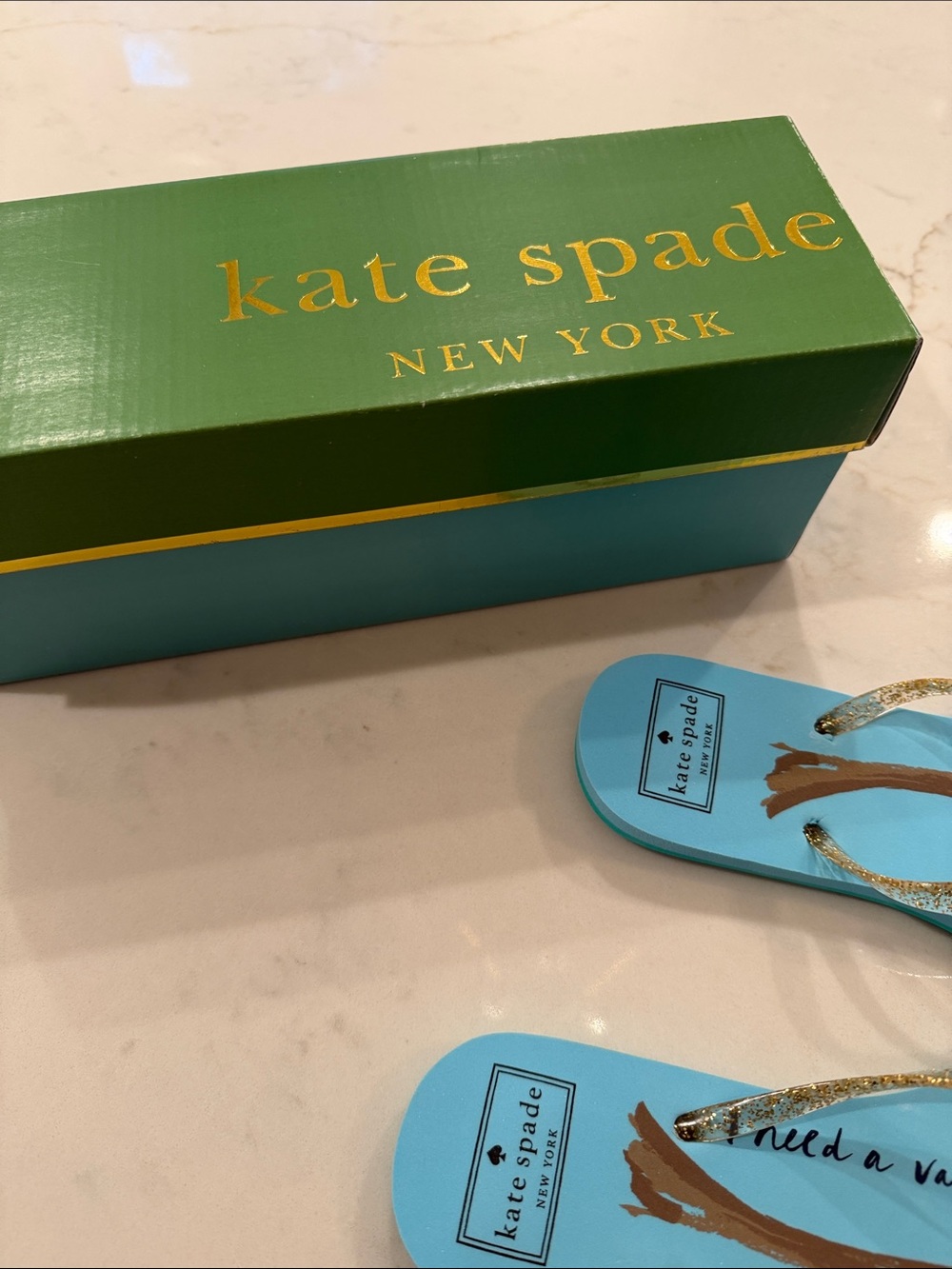 kate spade light blue flip flops with green palm and gold glitter straps - Picture 6 of 6